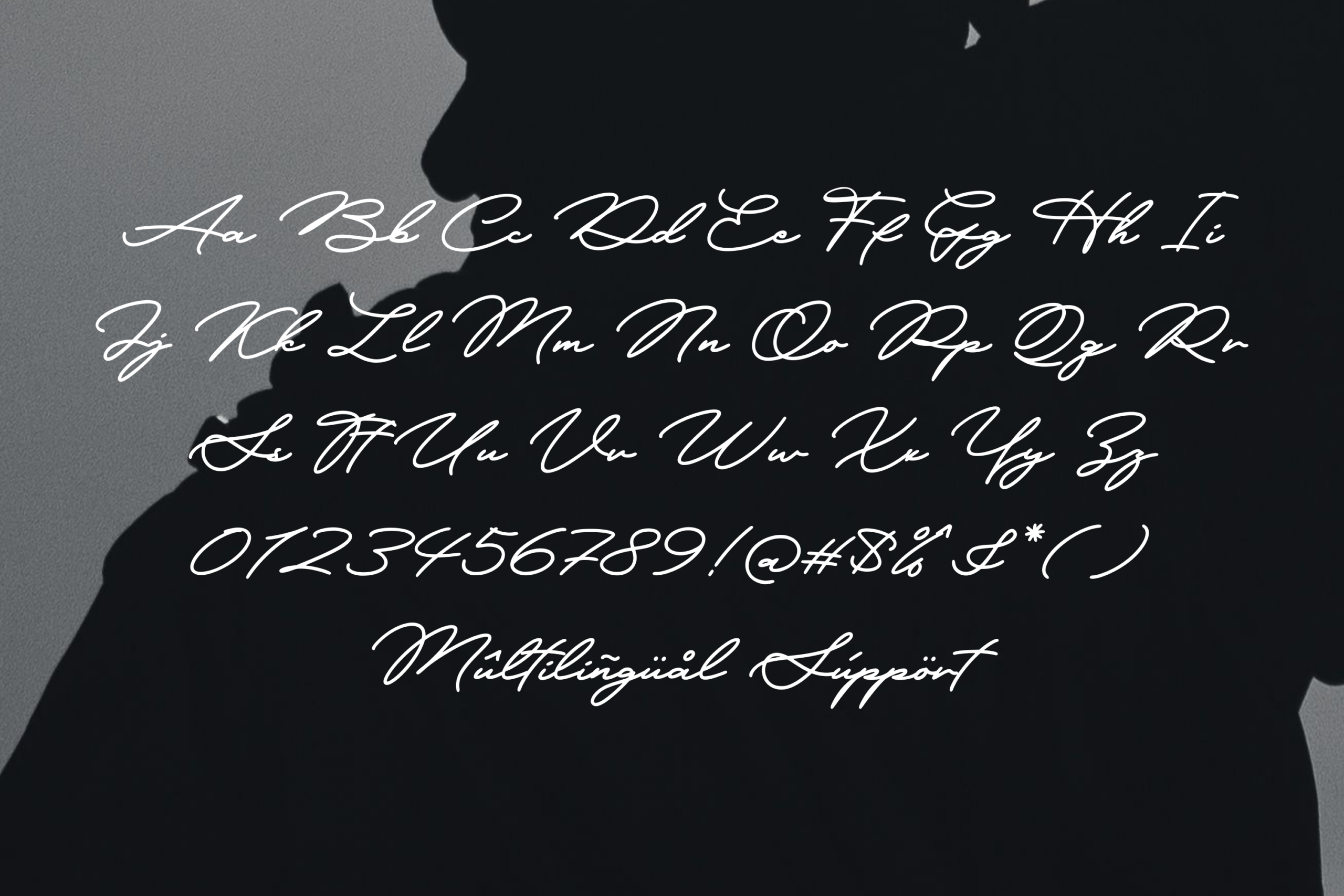 Elegant script font with full alphabet, numbers, plus multilingual support shown on dark background