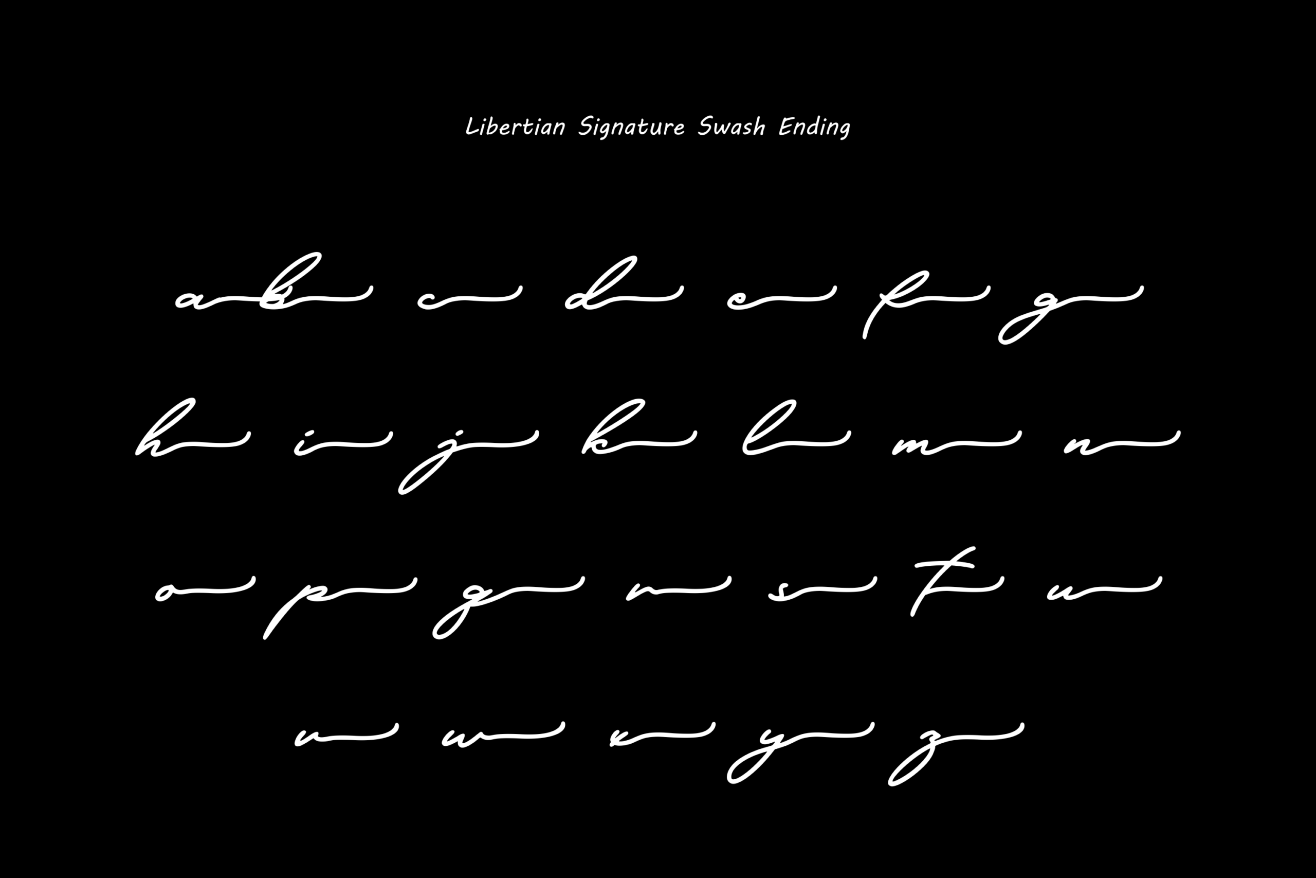 Libertian Signature font swash ending flourishes displayed on black background