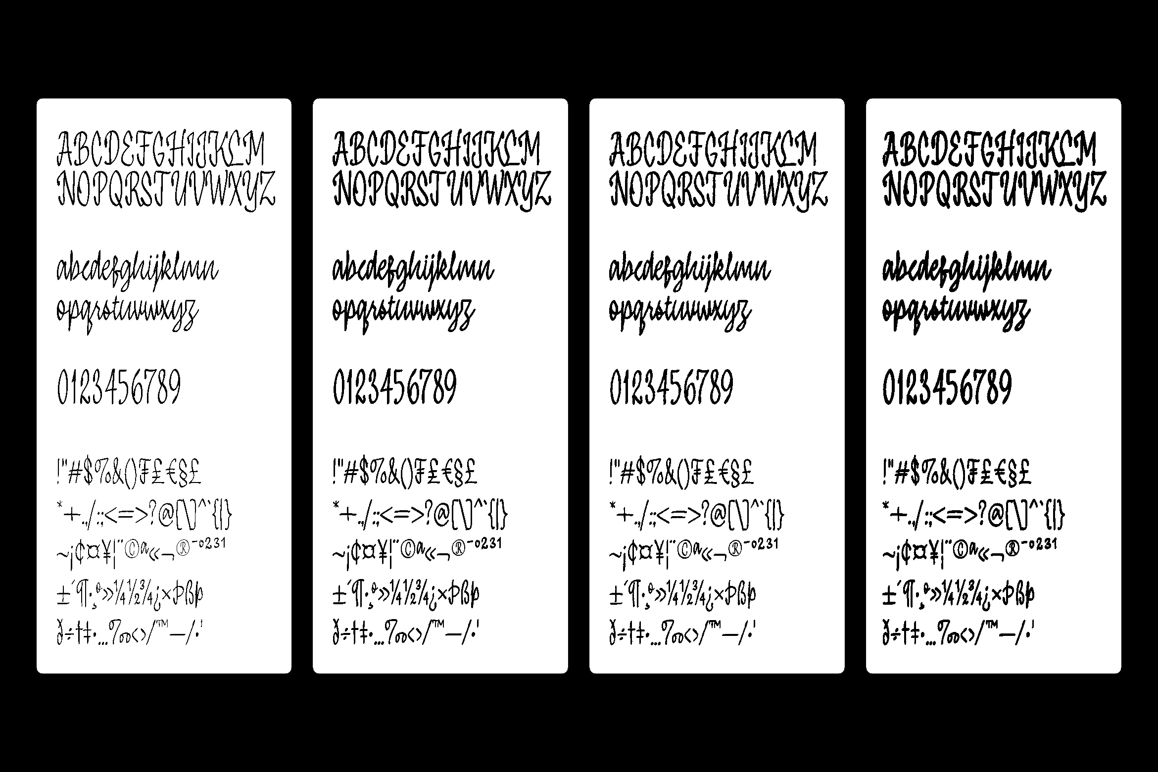 Handwritten script font showing uppercase, lowercase, numbers, symbols on four white cards