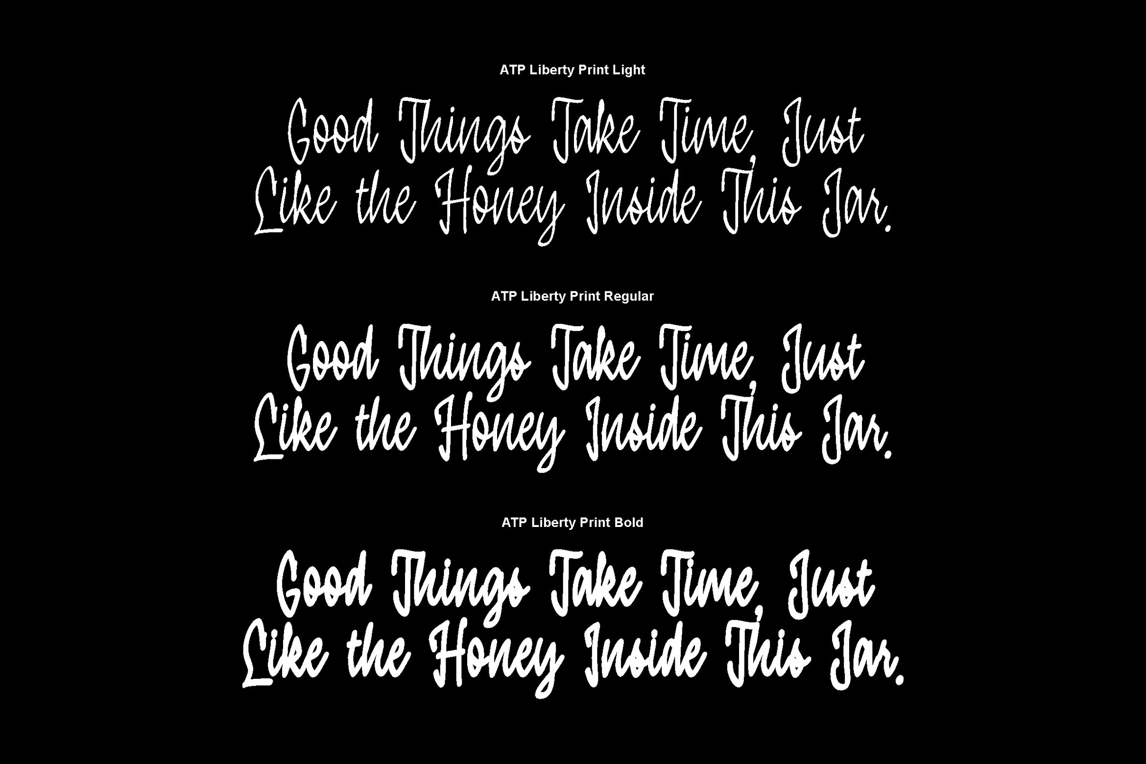 ATP Liberty Print font family showing Light, Regular, Bold weights in script style