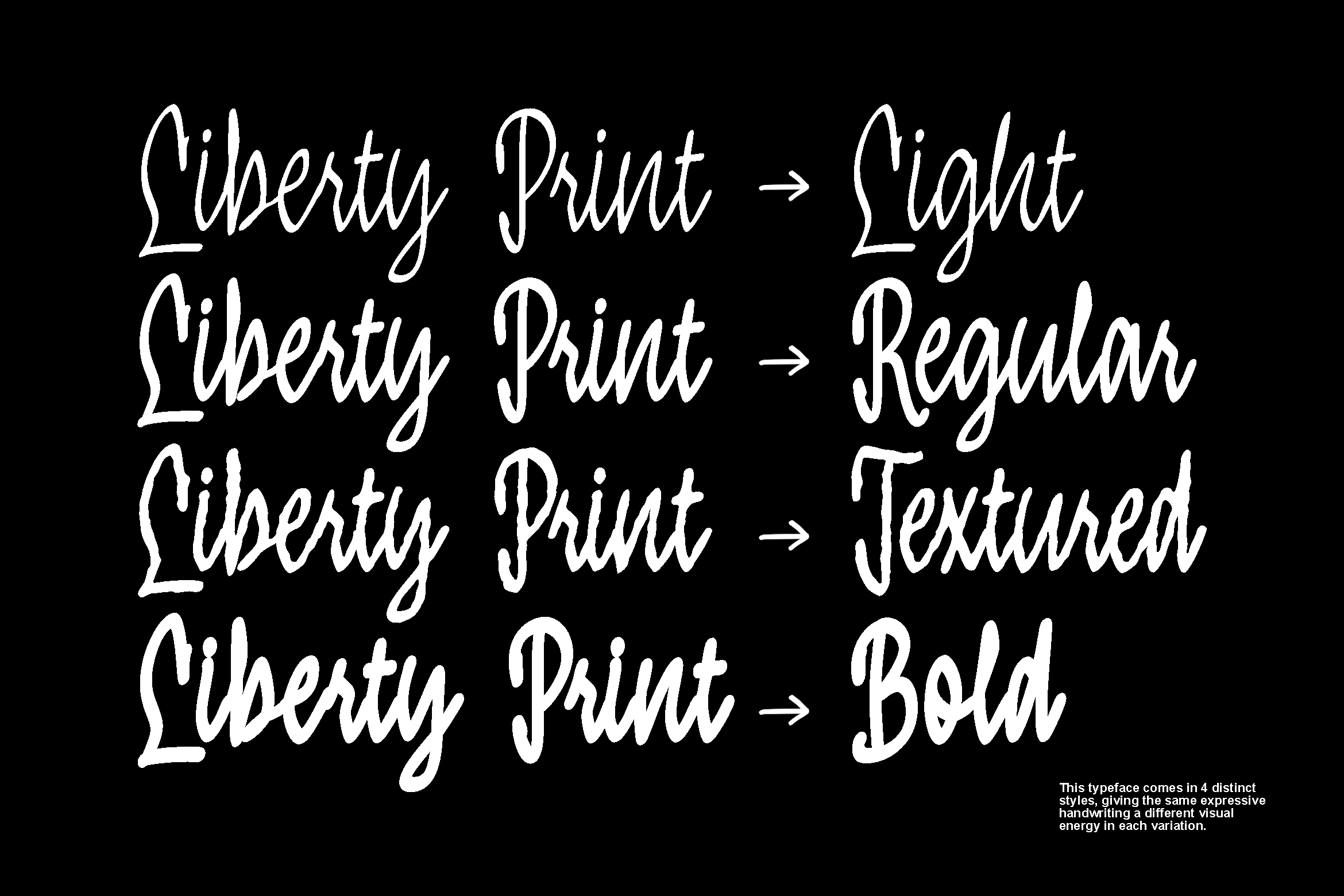 Liberty Print font showing four stylish handwritten variations in light, regular, textured, plus bold weights