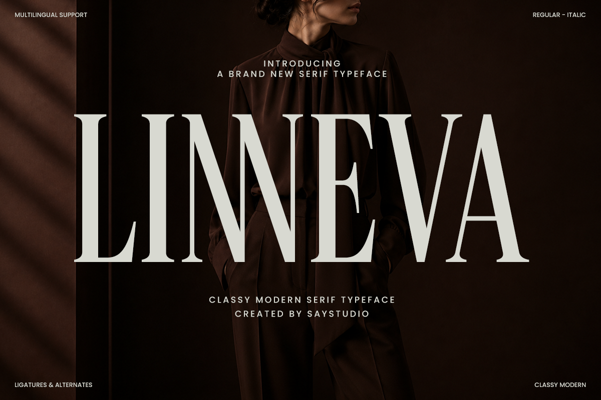 Linneva serif font displayed in large white letters over moody brown portrait photography