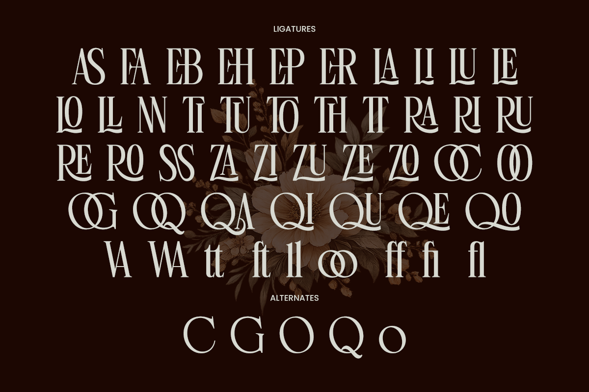 Ligatures font specimen showing ornate serif characters with decorative swashes on dark background
