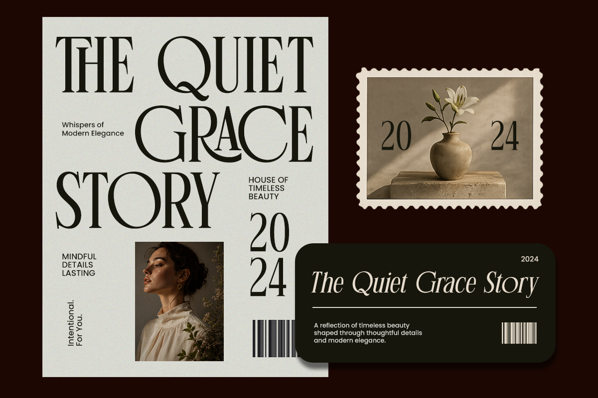 Minimalist editorial design mockup with serif typography, portrait photo, vintage stamp, dark brown background