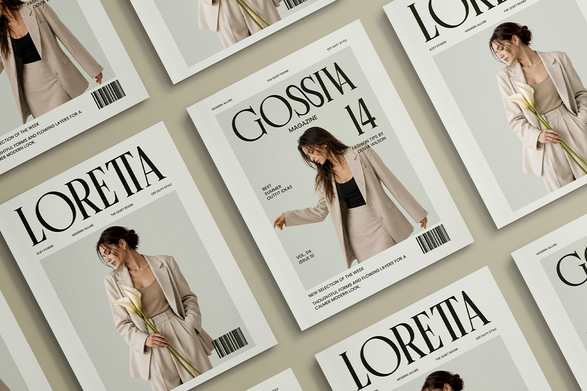 Magazine cover mockups with minimal aesthetic, neutral tones, model in blazer with flower stem
