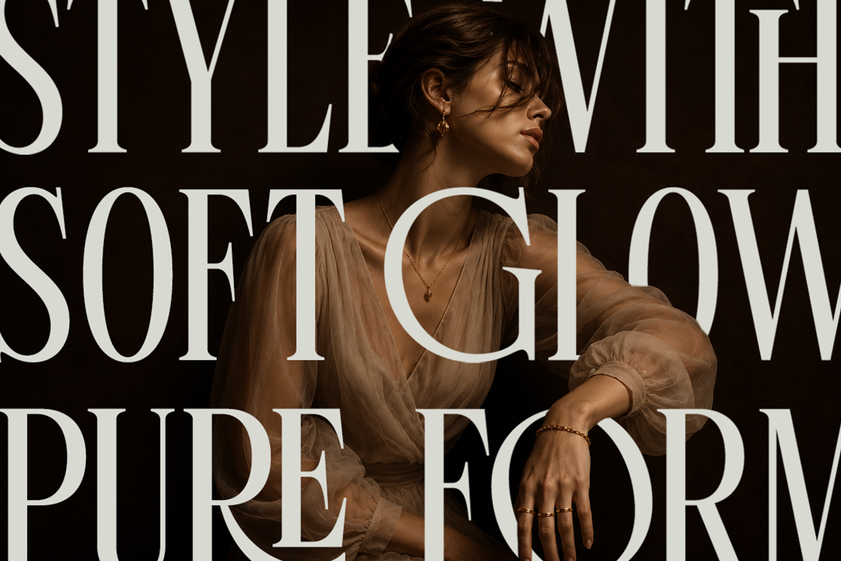Woman in sheer tan blouse against black background with bold serif typography overlay