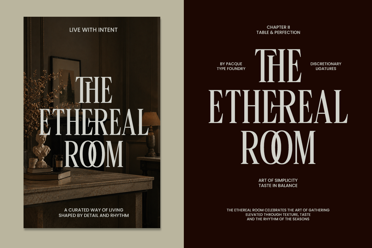Two book cover mockups for "The Ethereal Room" in serif typography with luxury interior styling on left, dark maroon layout on right