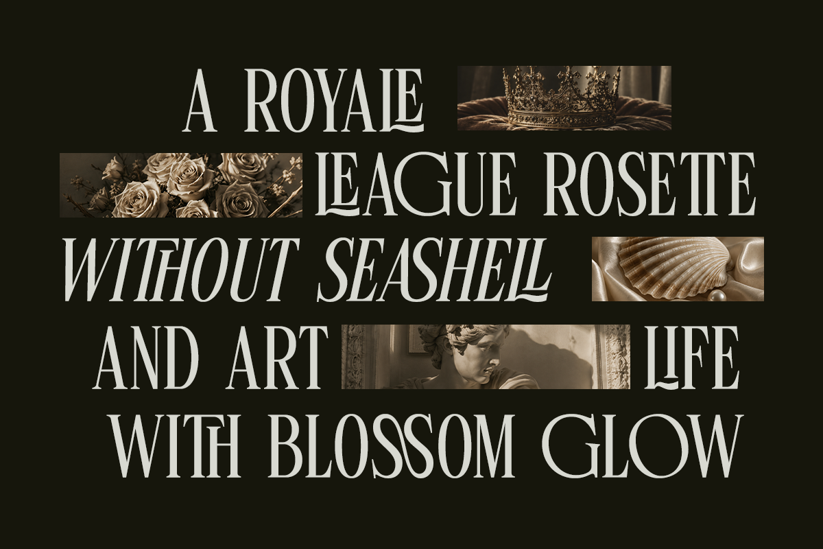 Luxe typography mockup with gold crown, roses, seashell, statue imagery on black