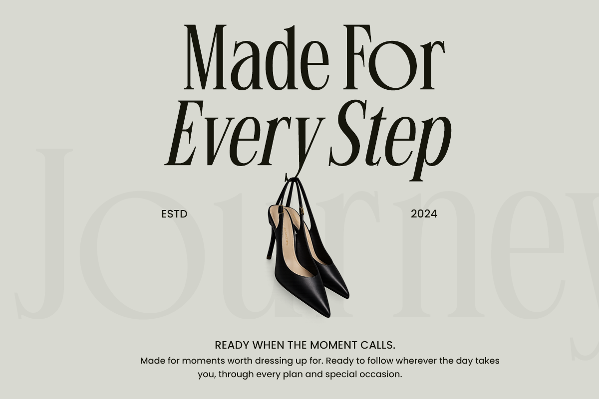 Minimalist shoe brand poster with black heels hanging from strings, serif typography, established 2024 branding