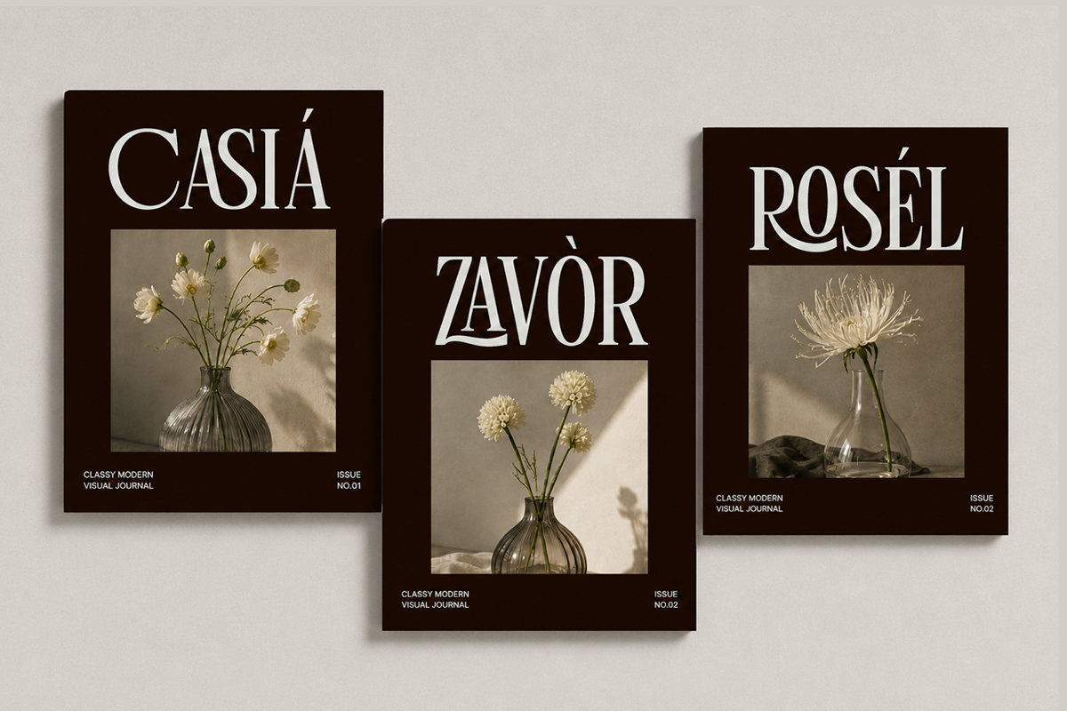 Minimalist magazine covers with cream flowers in glass vases, dark brown backgrounds, serif typography