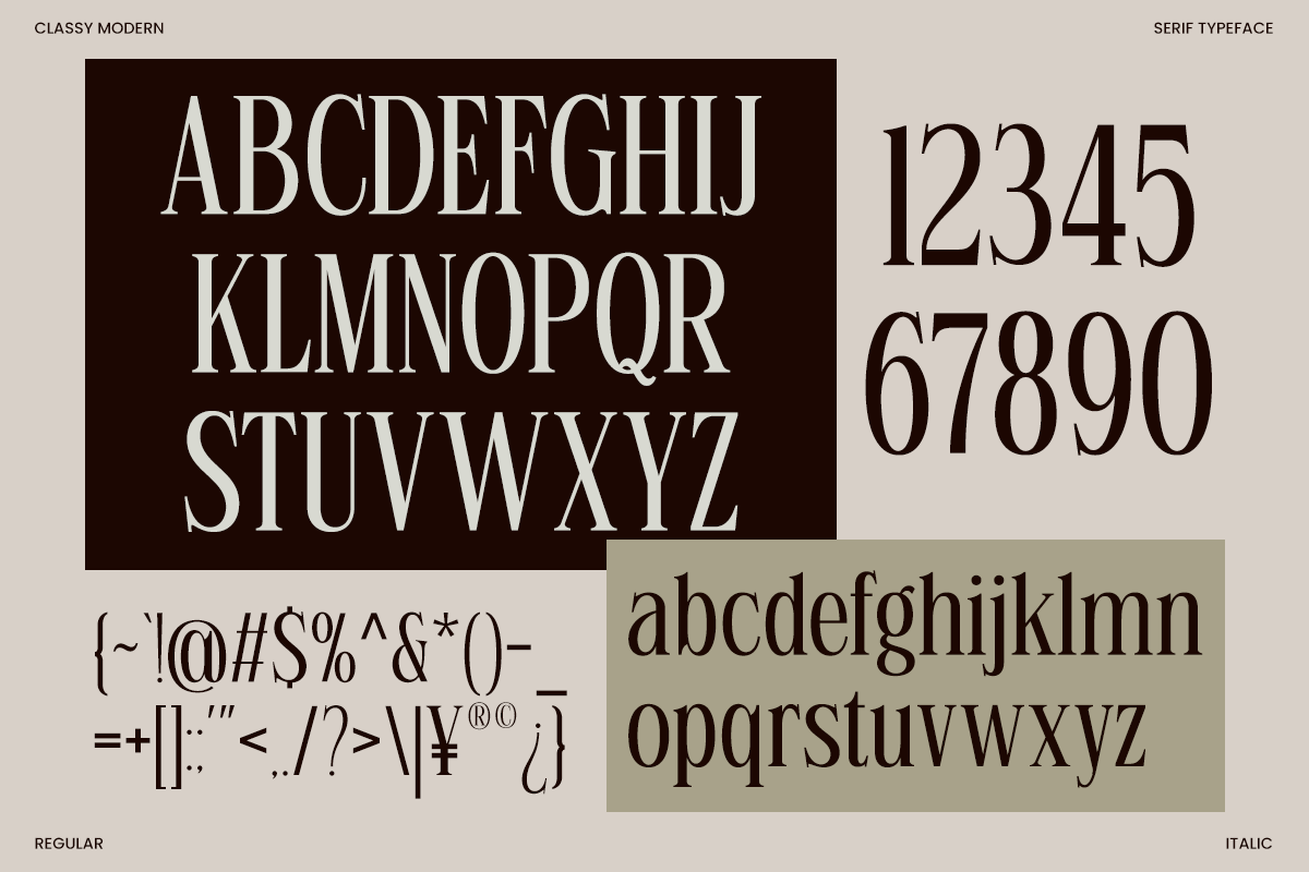 Classy Modern serif typeface showing uppercase letters, numbers, special characters in regular plus italic styles