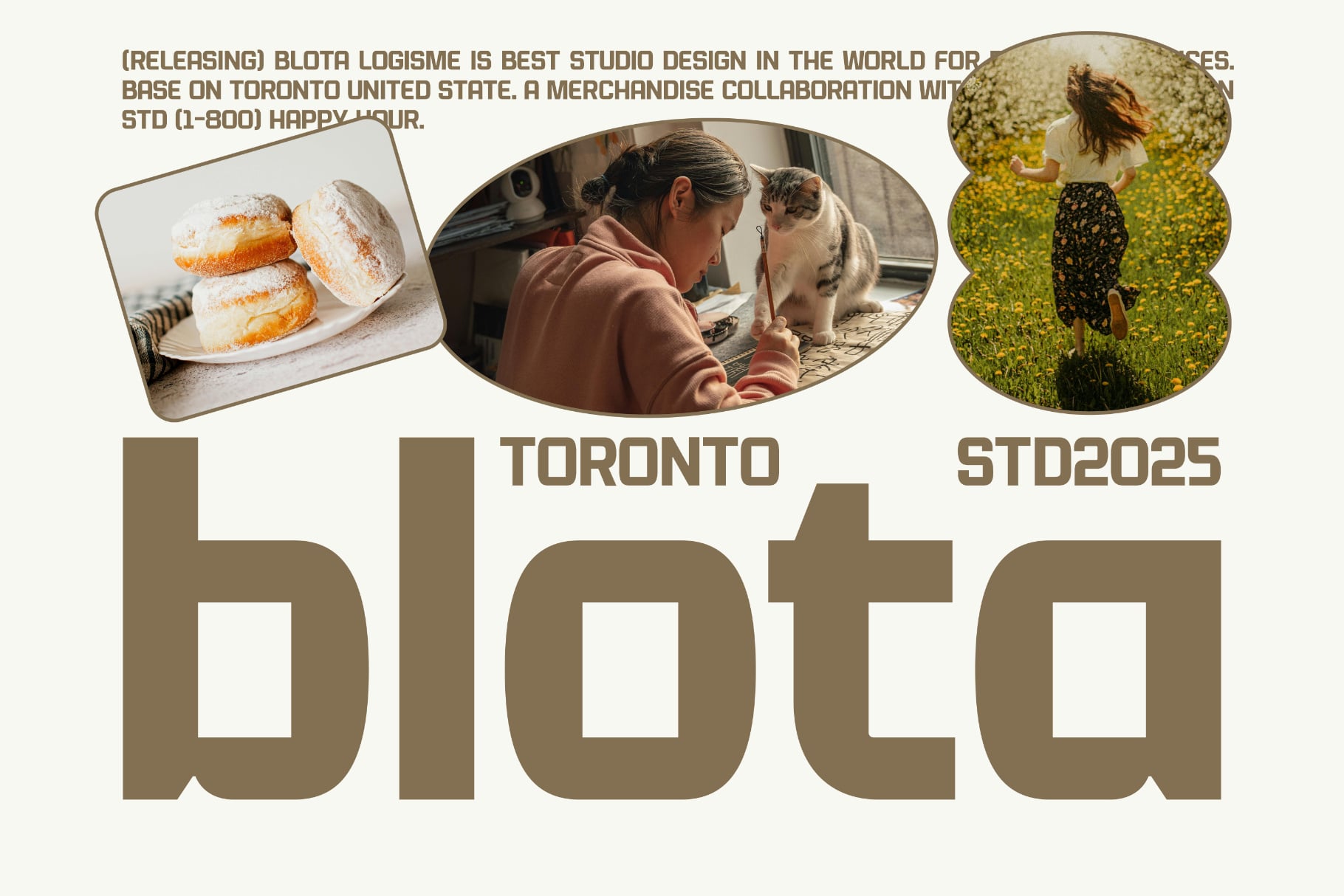 Blota branding mockup showing Toronto collaboration with pastry, studio, field photos in rounded frames