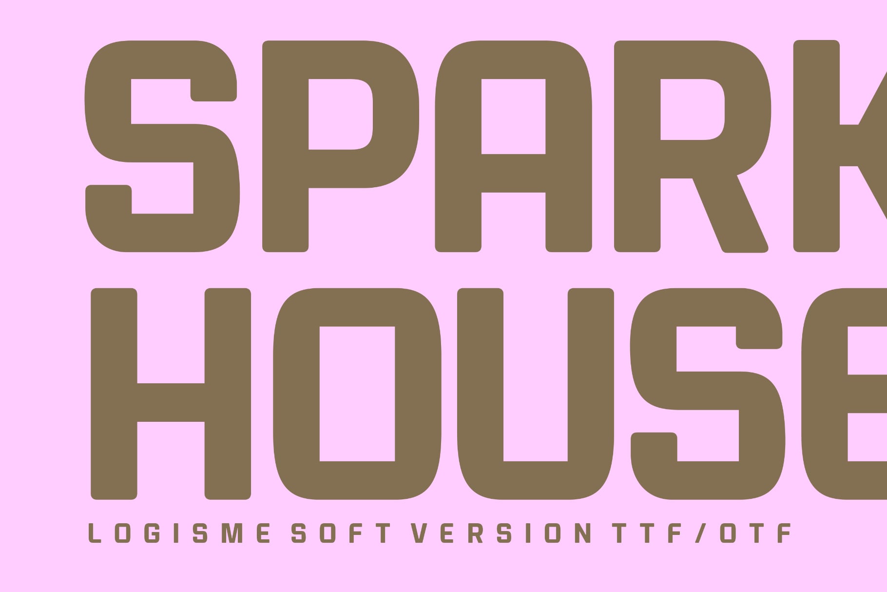 Logisme font family in olive on bright pink background, display typeface
