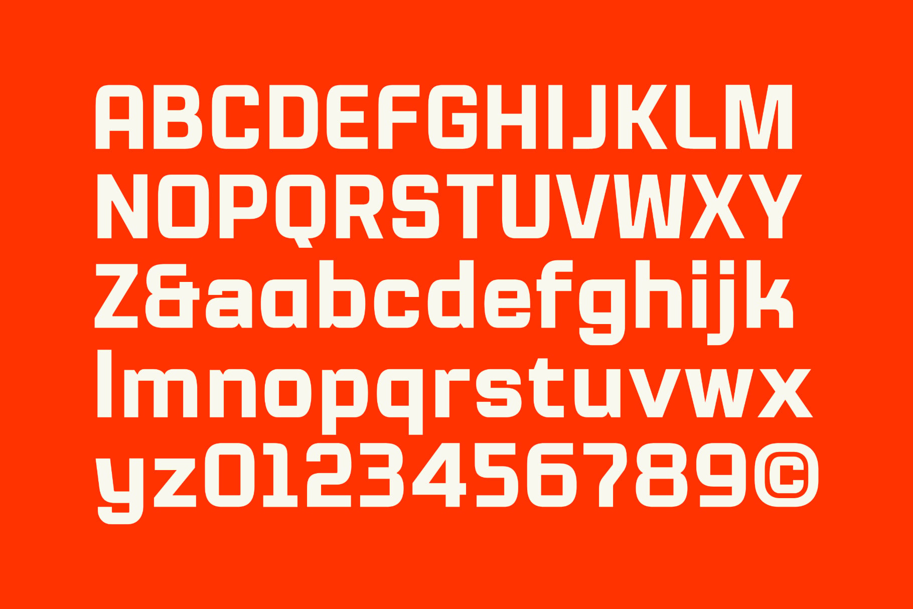 Bold sans serif font with uppercase letters, numerals, plus sign on bright red background