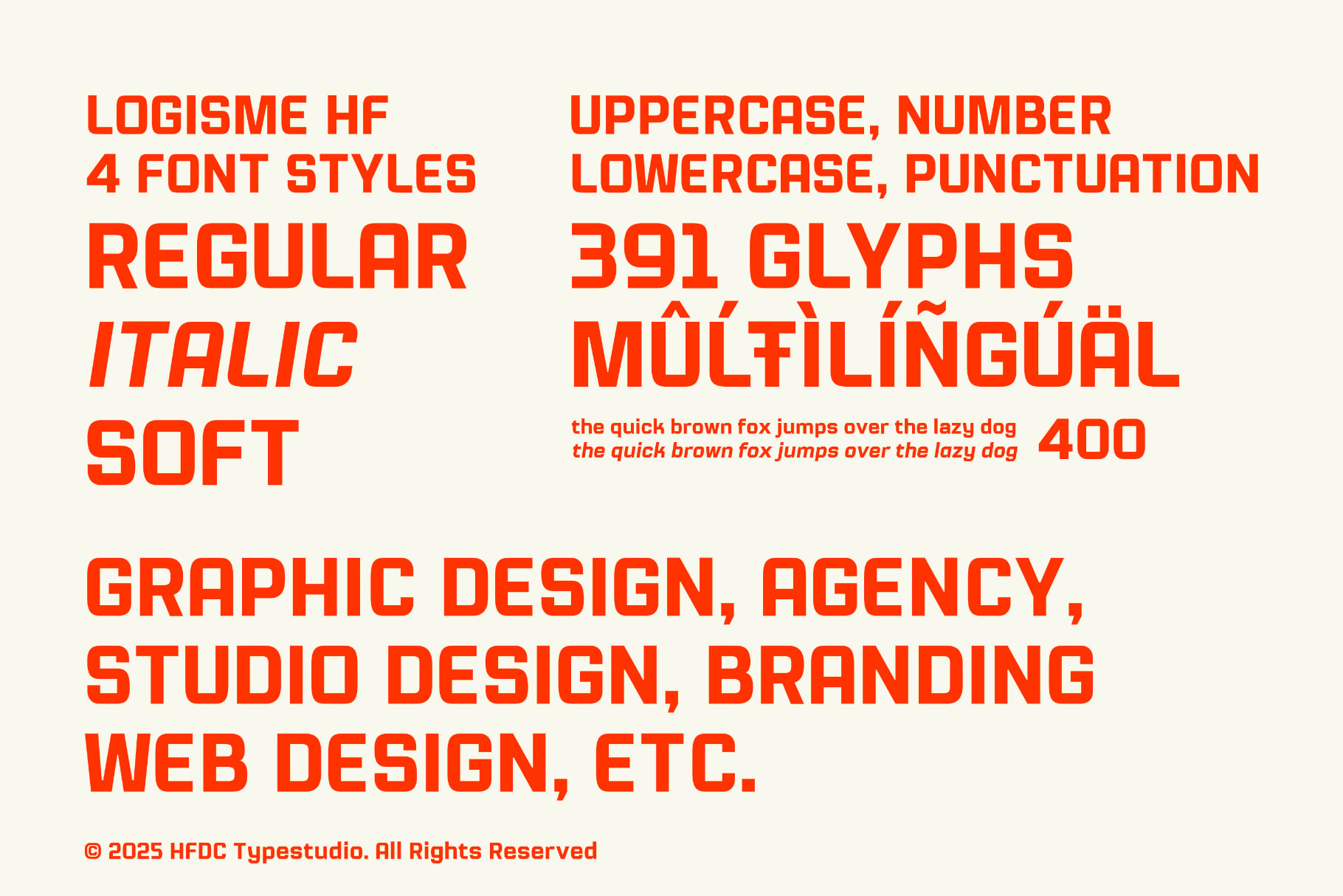 Logisme HF font family in bright red showing 4 weights with multilingual glyphs