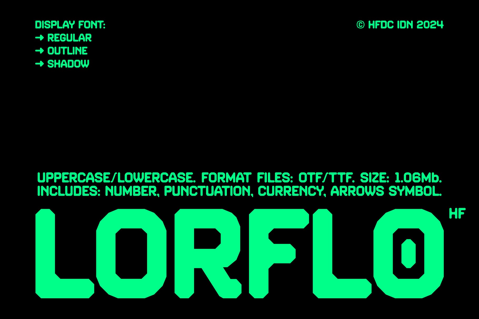 Bright neon green display font with regular, outline, shadow styles on black background