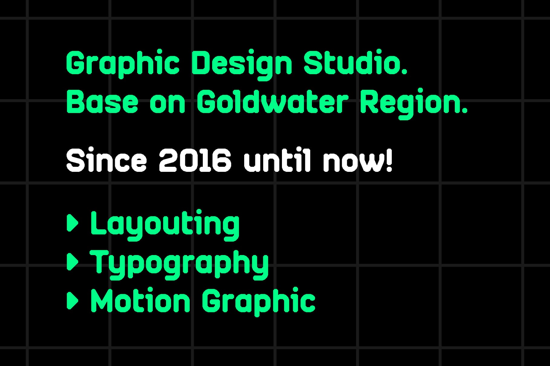 Neon green text on black grid showing design studio info with layout, typography, motion graphic bullets