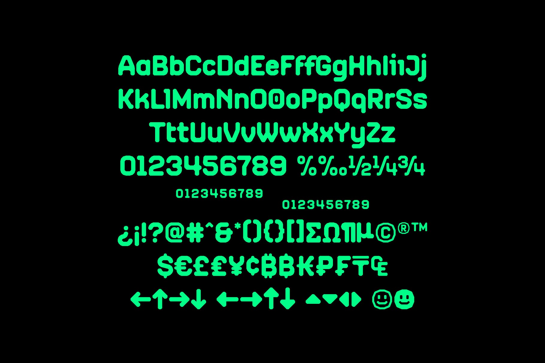Neon cyan typeface showing full character set with letters, numbers, symbols on black background
