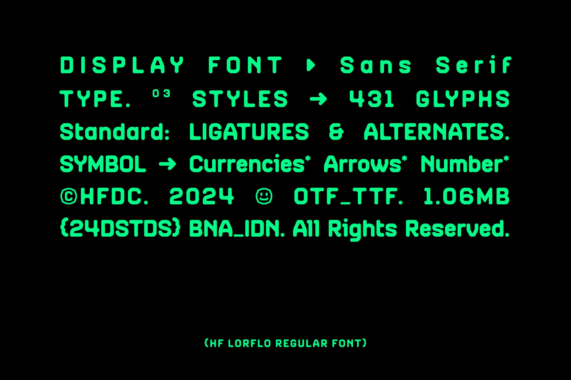 Bright neon green sans serif font display on black background with specs