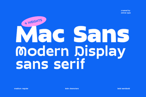 Mac Sans Modern Display sans serif font family with 4 weights on bright blue background