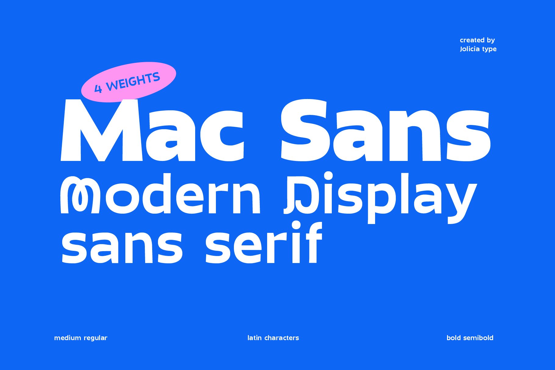 Mac Sans Modern Display sans serif font family with 4 weights on bright blue background