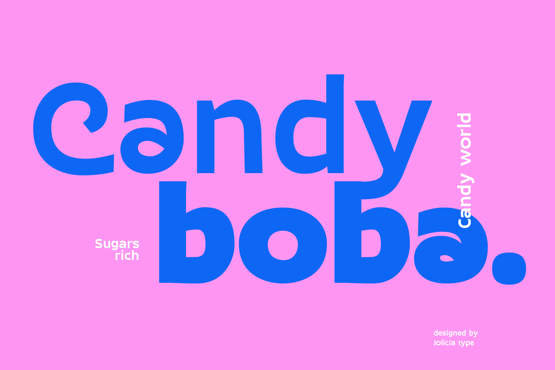 Candy boba typeface in bright blue on hot pink background with layout notes