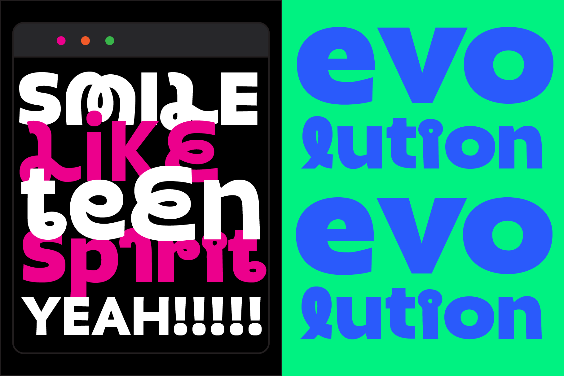 Neon blue type on bright green background with layered letter effects