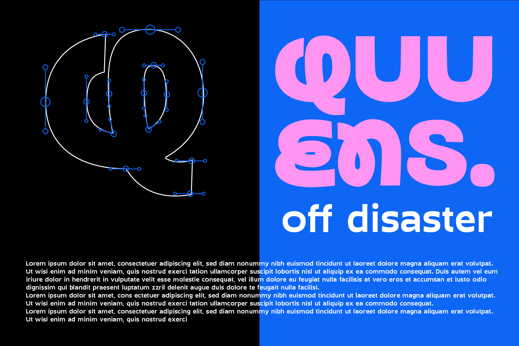 Split screen mockup showing wireframe chat bubble on left with bright pink bold text reading "you eos off disaster" on blue background right