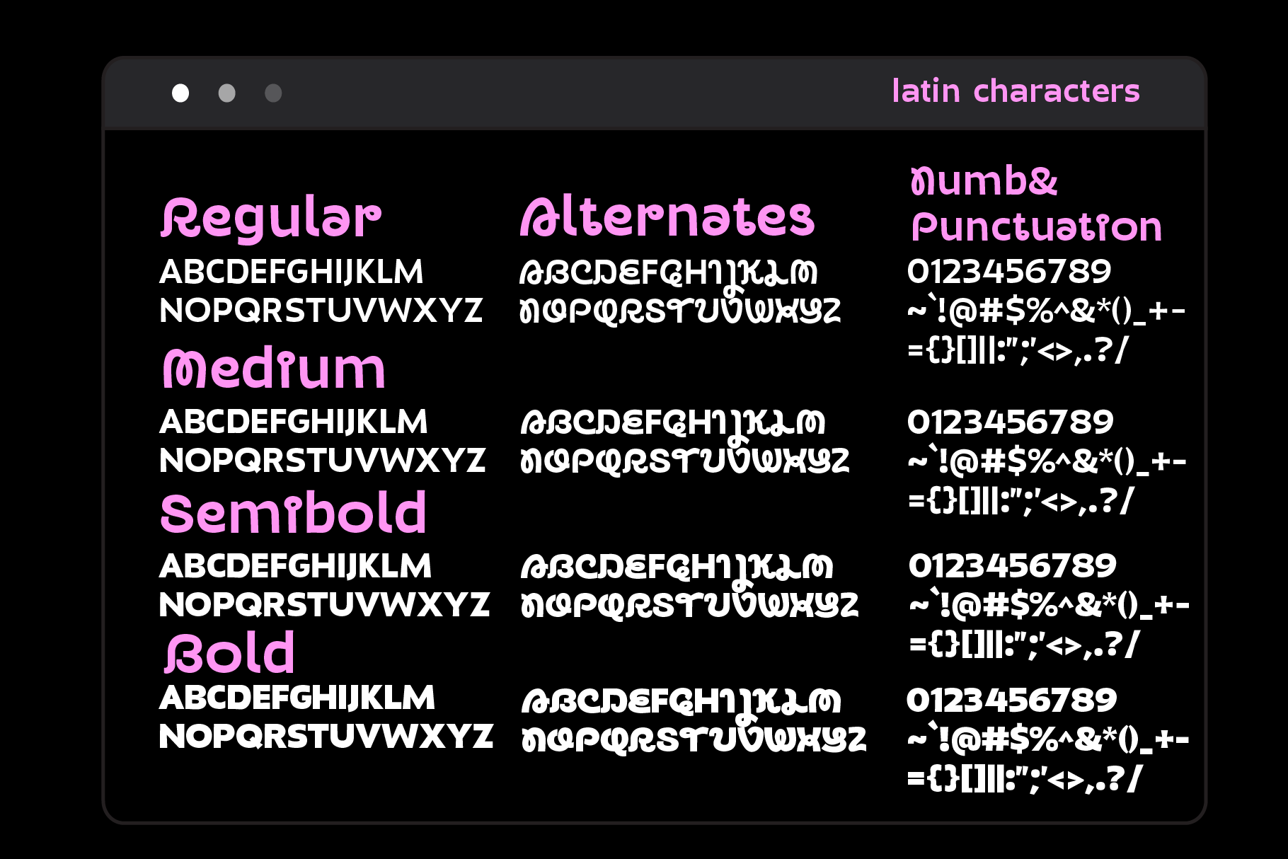 Bright pink rounded sans serif font showing regular, medium, semibold, bold weights with alternates, numbers, symbols on black background