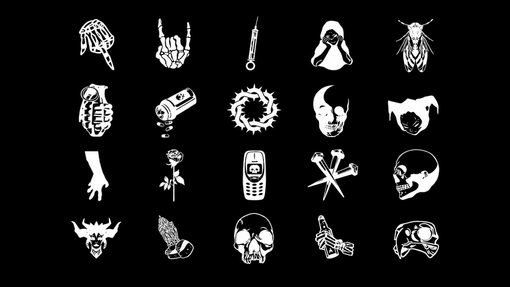 Dark edgy line art icon set with skulls, weapons, occult symbols on black background