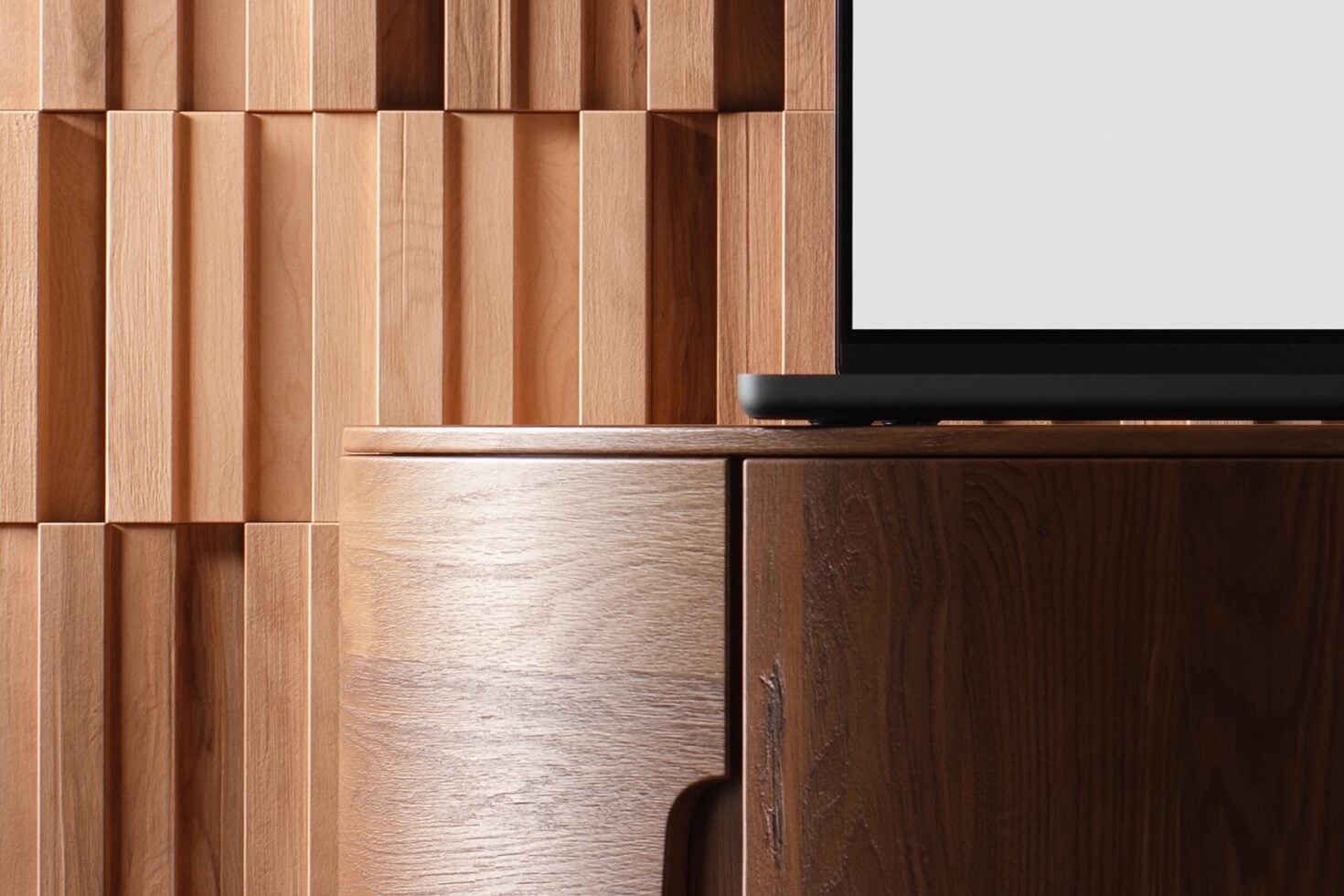Wooden wall paneling with floating desk setup, monitor mockup on right side