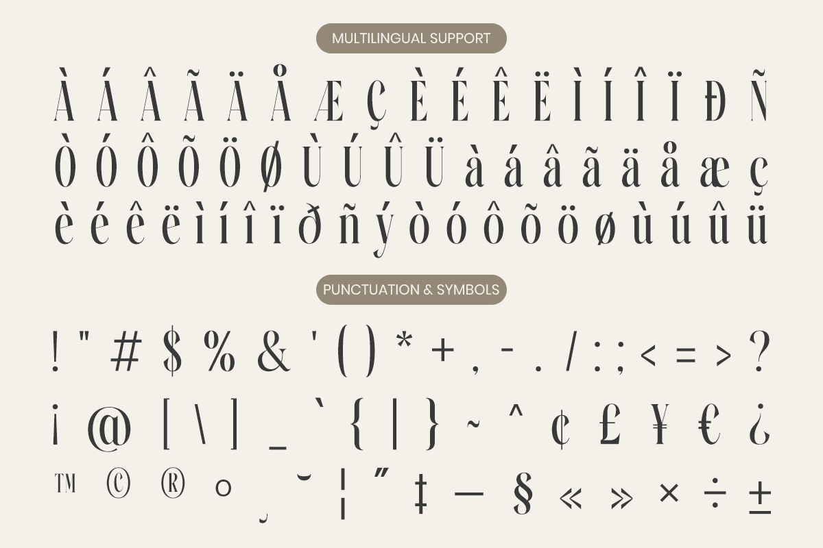 Font character set showing multilingual accents with full punctuation symbols included