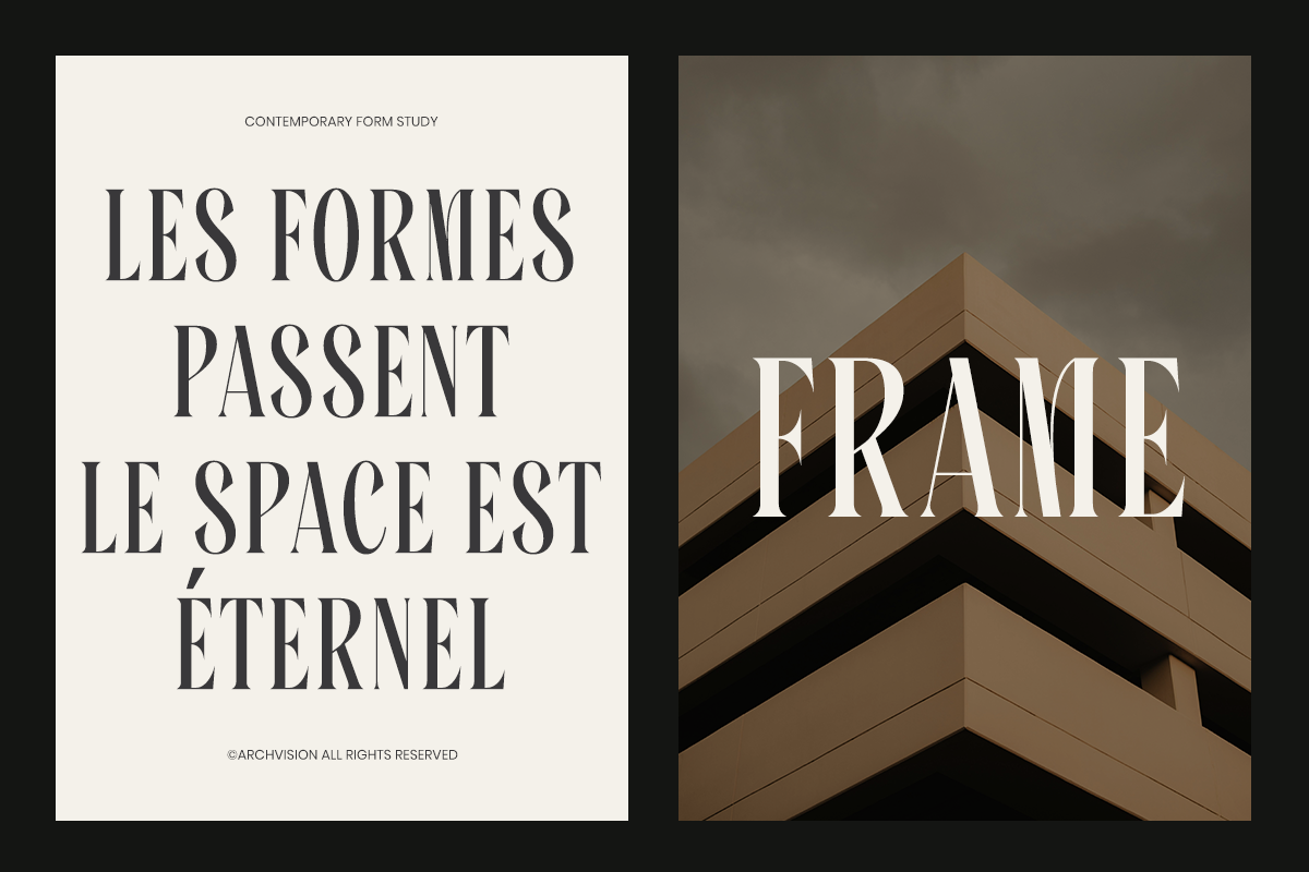 Minimalist poster pair with French typography on cream background plus geometric architecture photo mockup
