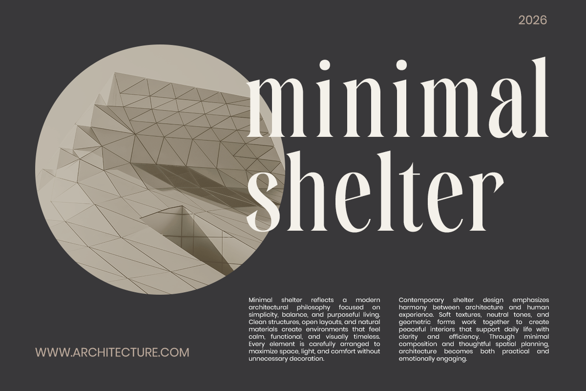 Geometric wireframe shelter concept with serif typography on dark background