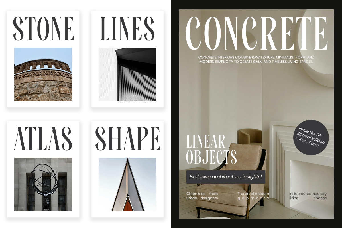 Minimalist interior design magazine spread with concrete aesthetic, beige chair, geometric shapes