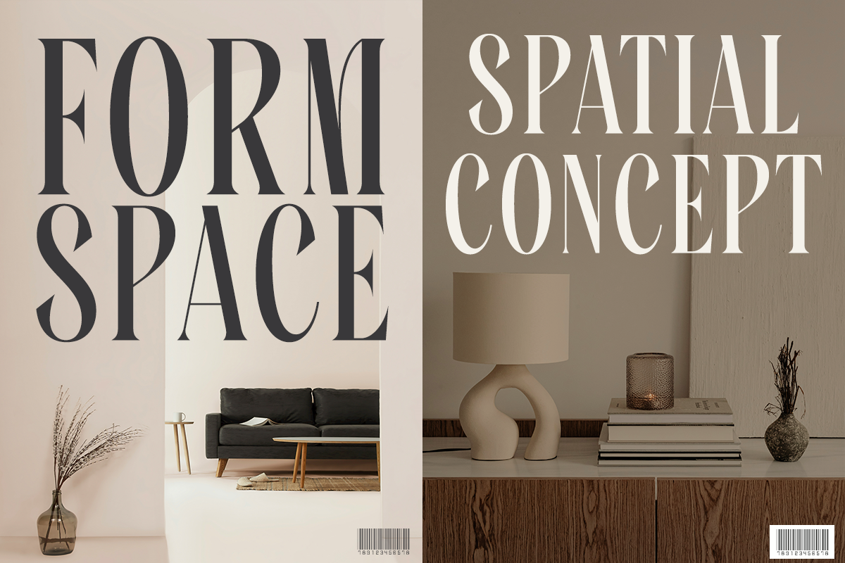 Split-screen interior mockup with minimalist furniture styling on beige wall next to styled shelf display