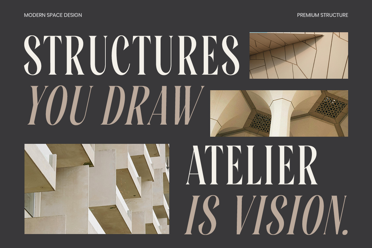Minimalist poster with serif typography over geometric interior photos, neutral beige palette