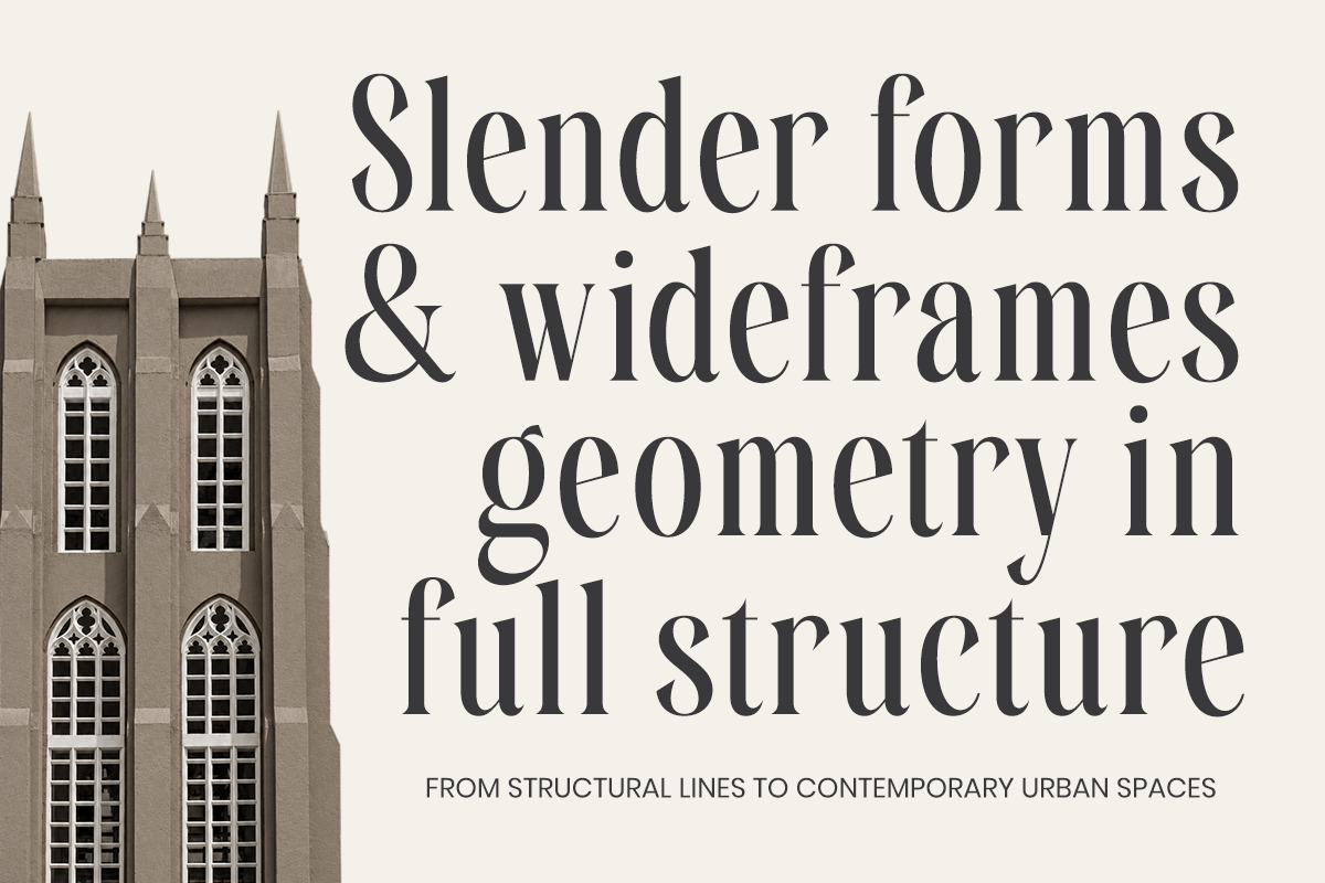 Gothic church tower with serif typography overlay on beige background