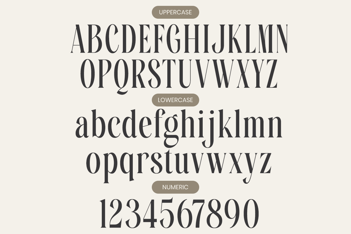 Elegant serif font showing uppercase, lowercase, plus numbers on cream background