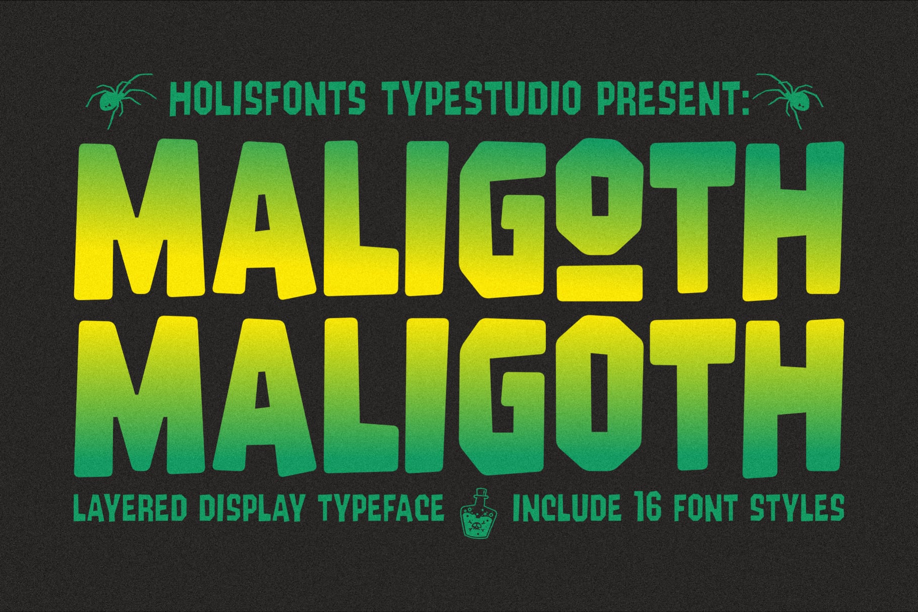 Maligoth layered display font with 16 styles, neon green to yellow gradient on dark background with spider graphics
