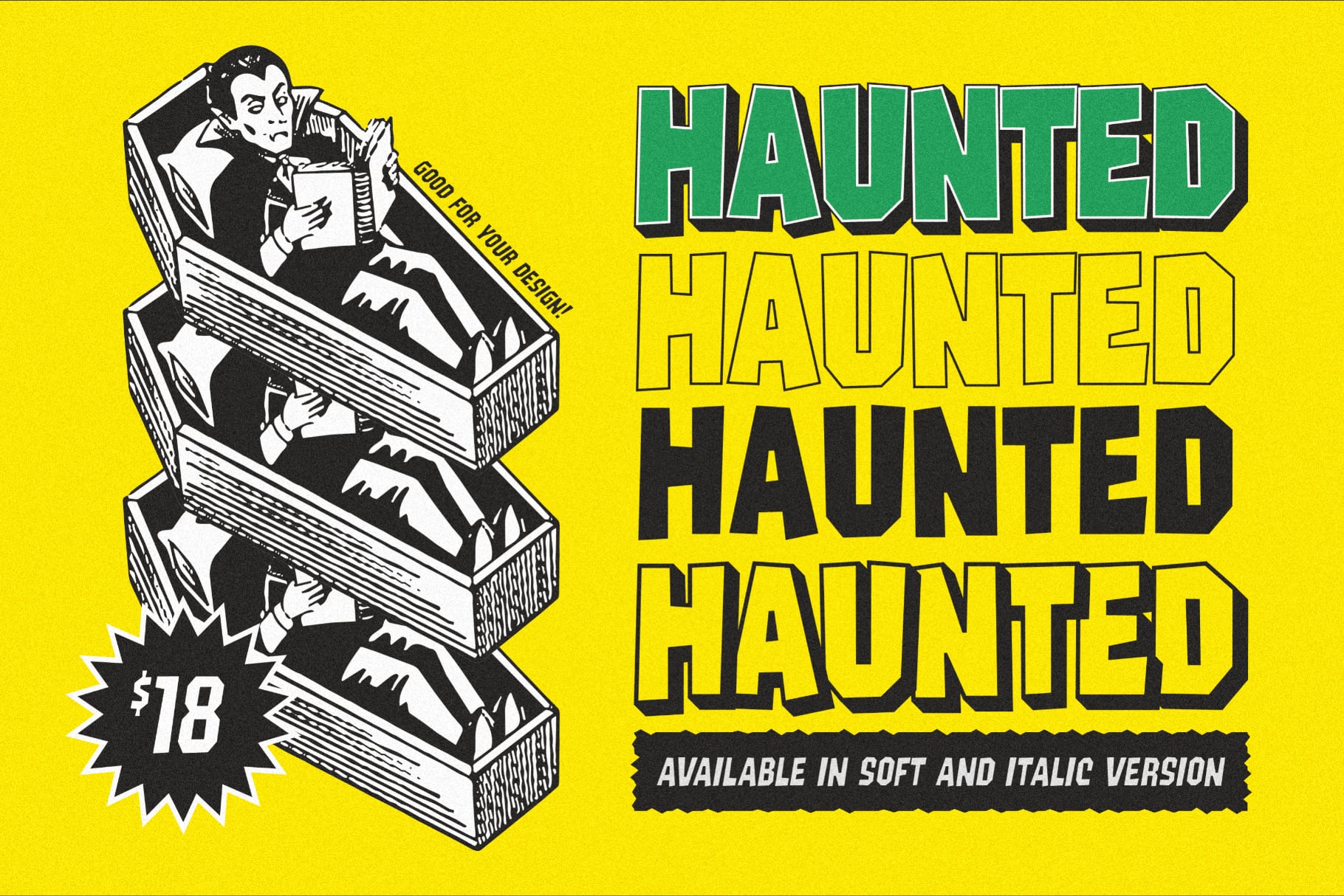 Retro horror font with stacked coffin graphic, bold green yellow black letters, vintage vibes