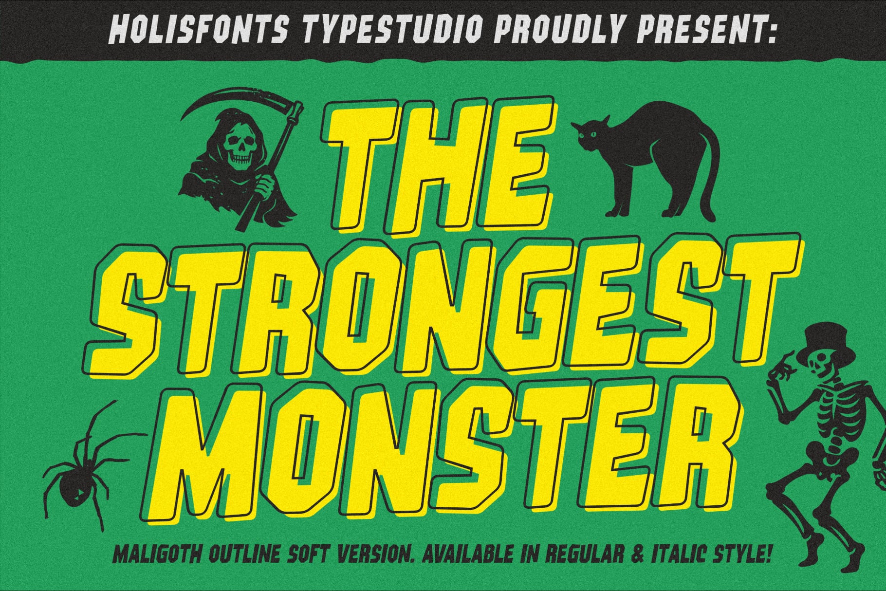 Bold yellow horror font with green outline on bright green background surrounded by spooky icons like skulls, skeletons, black cats plus spider