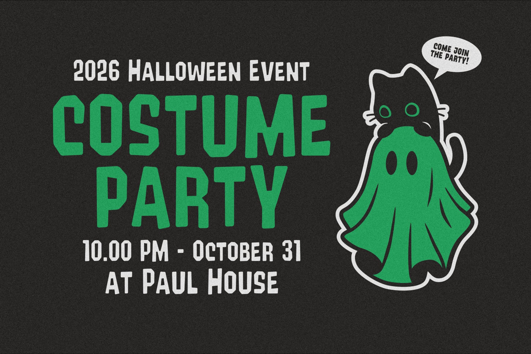 Bright green ghost character with speech bubble on dark Halloween costume party flyer mockup