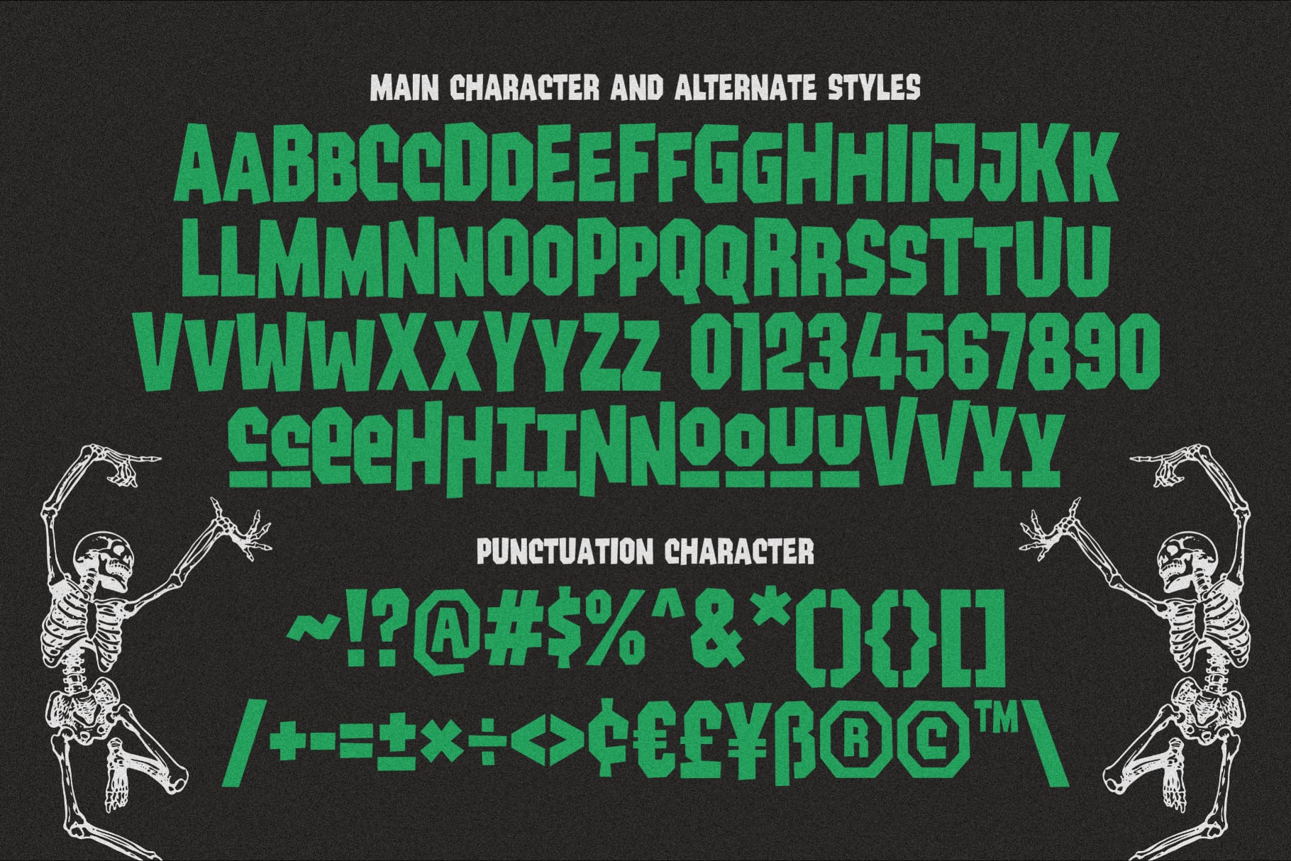 Neon green sans serif font with skeleton graphics on dark background showing full character set