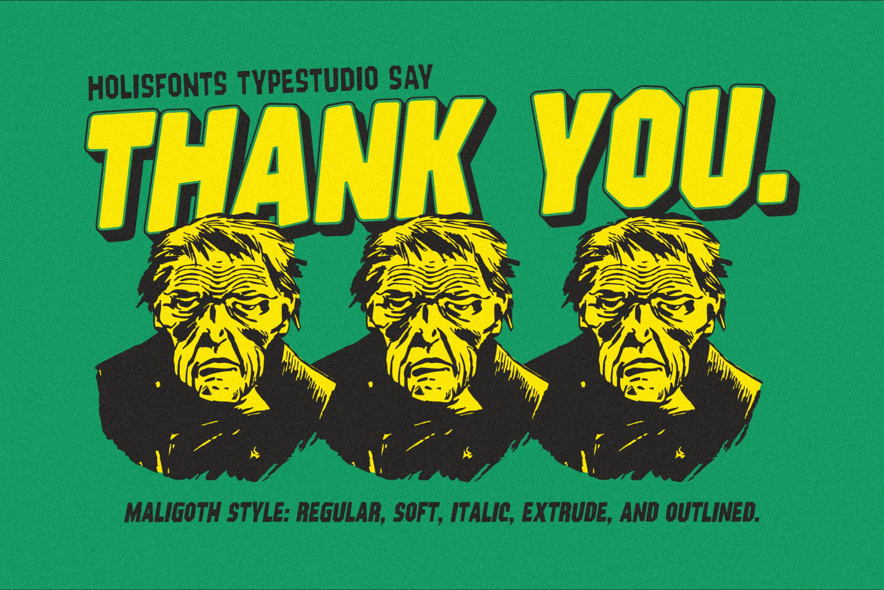 Bold yellow "THANK YOU" text with three creepy monster heads on bright green background