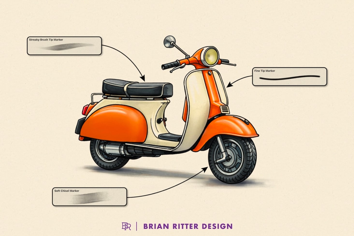 Retro orange scooter with labeled marker brush strokes showing different tip styles