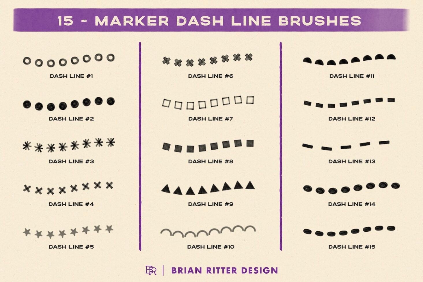 15 marker dash line brushes with circles, dots, x's, stars, squares, triangles, wavy lines