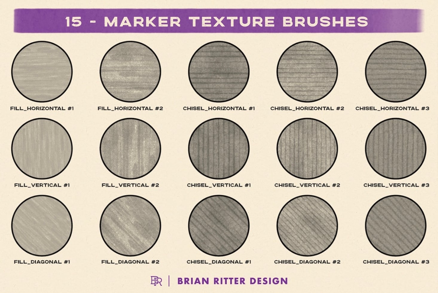 Marker texture brush pack with 15 different stroke styles in horizontal, vertical, diagonal patterns