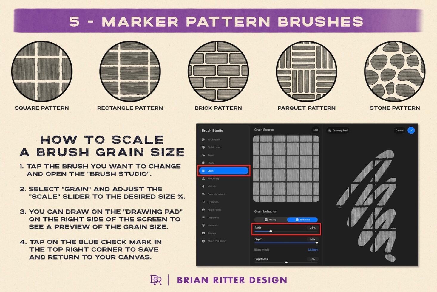 Five marker pattern brushes with square, rectangle, brick, parquet, stone textures plus scaling tutorial