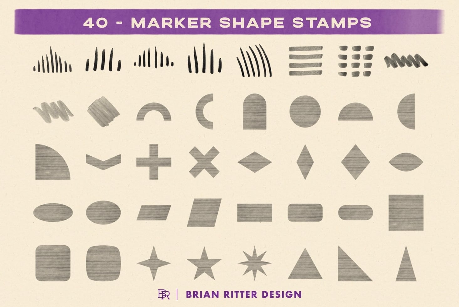 40 marker shape stamps with hatched texture including lines, dots, curves, geometric shapes, stars